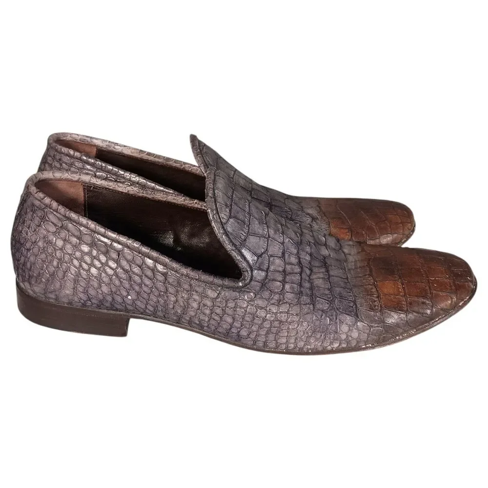 Jo Ghost Mens Shoe Slip on Loafer Grey Brown Croc 45/US 12 Leather Made In Italy